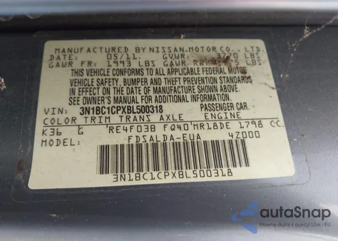 2011 Nissan Versa 1.8S из США, поврежденный, VIN 3N1BC1CPXBL500318